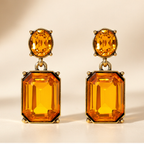 Marigold Oval Twin Gem earrings, symmetrical eCommerce front view with oval amber studs and rectangular gemstone drops