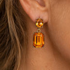 Close-up of Marigold Oval Twin Gem amber earring worn on ear, oval stone and rectangular drop