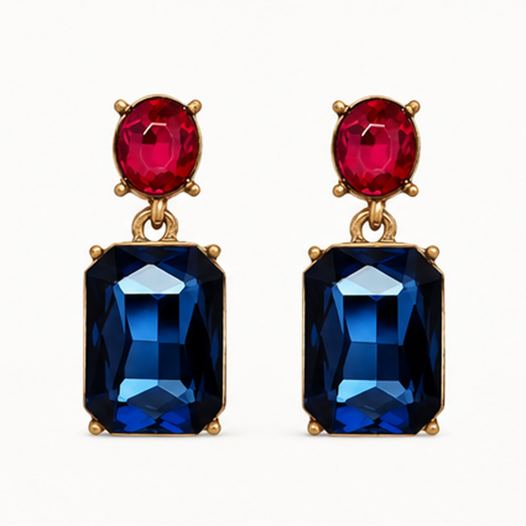 Navy and Rose Pink Oval Twin Gem earrings, studio front view showing rose pink oval gemstone studs and navy blue rectangular drops