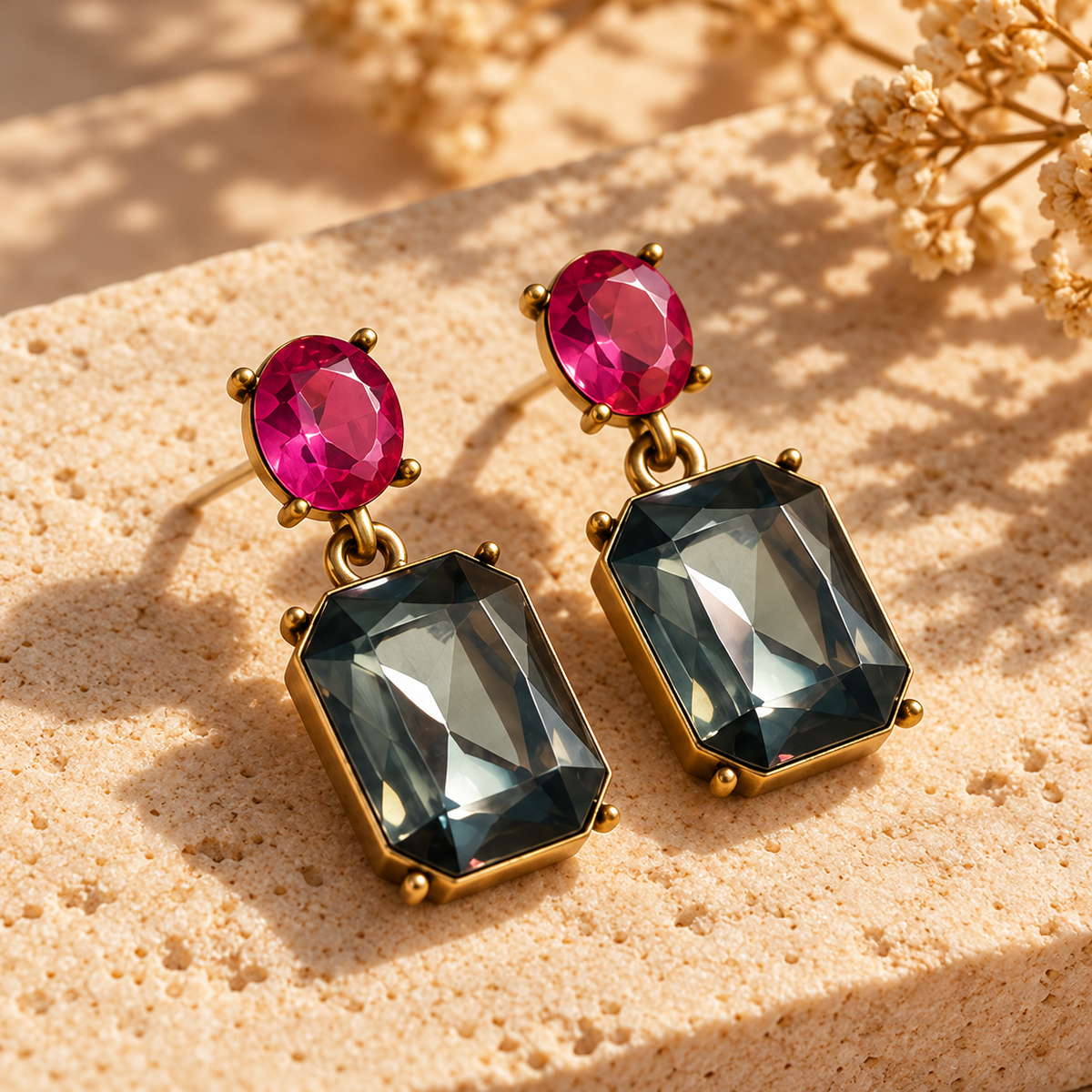 Slate Grey and Pink Oval Twin Gem earrings on natural cream stone, with faceted pink oval studs and slate-grey rectangular gemstone drops