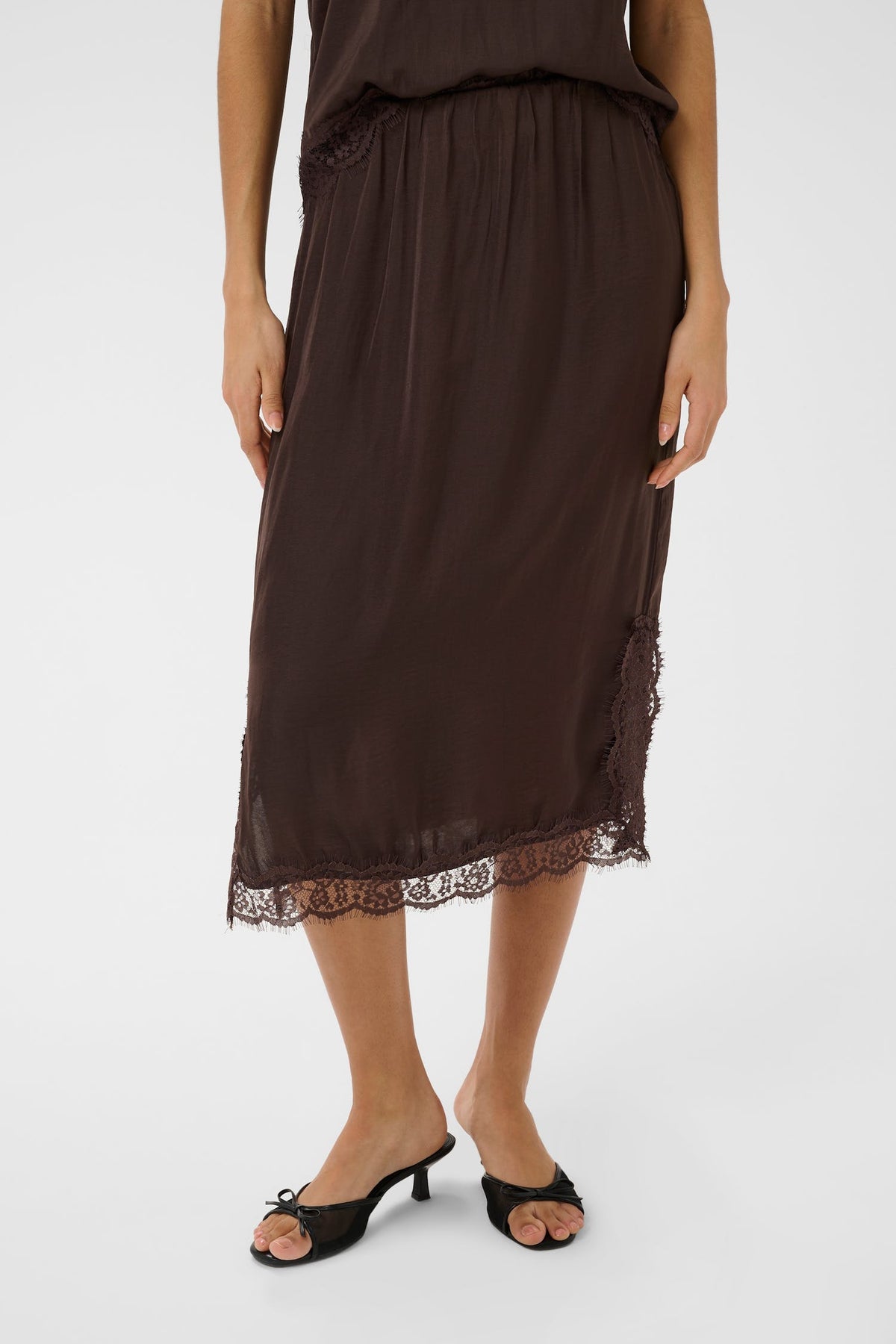 Saint Tropez Pigao Skirt in Dark Oak chocolate brown with lace trim, front detail