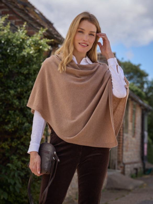Cashmere and Merino Button Poncho, Camel Marl
