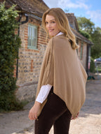 Cashmere and Merino Button Poncho, Camel Marl
