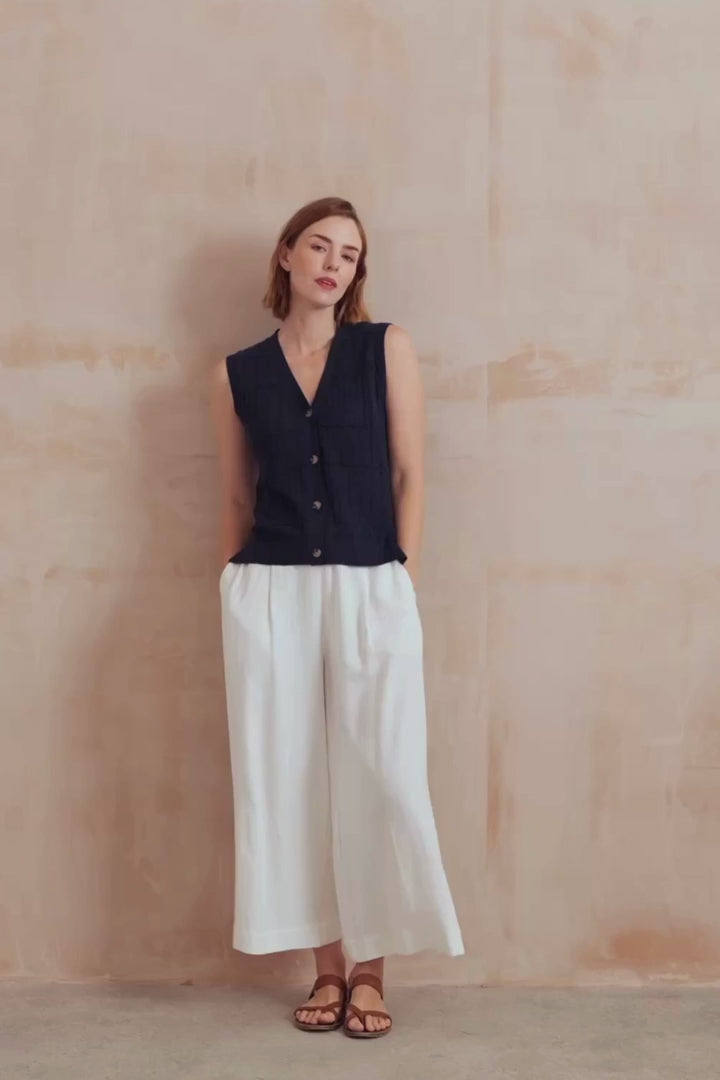 Summer Wide Leg Linen Blend Culottes, White