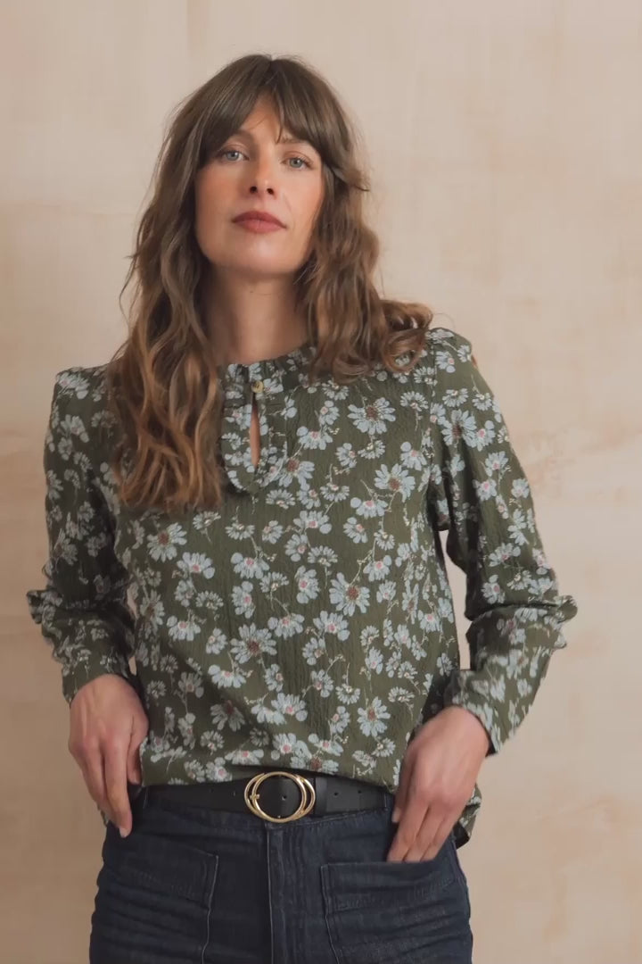 Emily Textured Crepe Printed Blouse, Olive