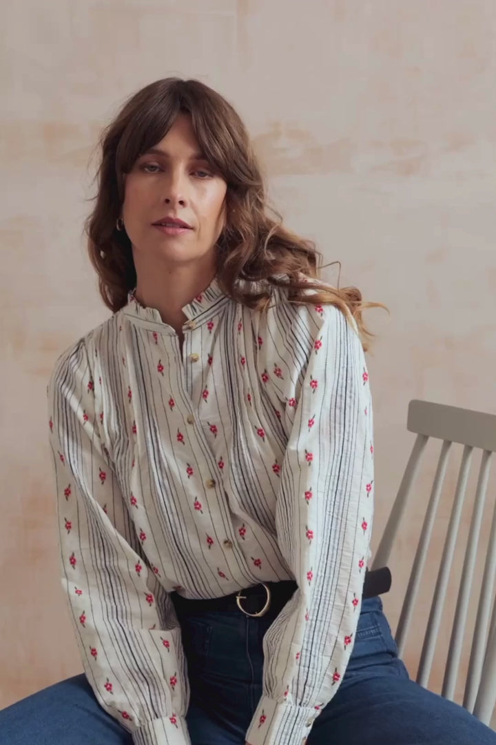 Flora Embroidered Stripe Blouse, Ecru