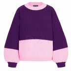 Taz Colour Block Jumper, front view showing the plum and pink colour block and textured stitch