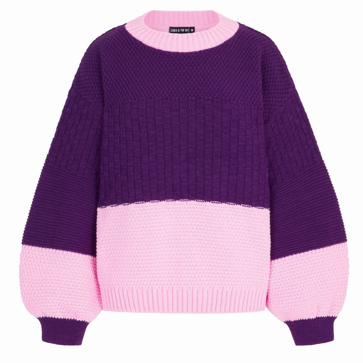 Taz Colour Block Jumper, front view showing the plum and pink colour block and textured stitch