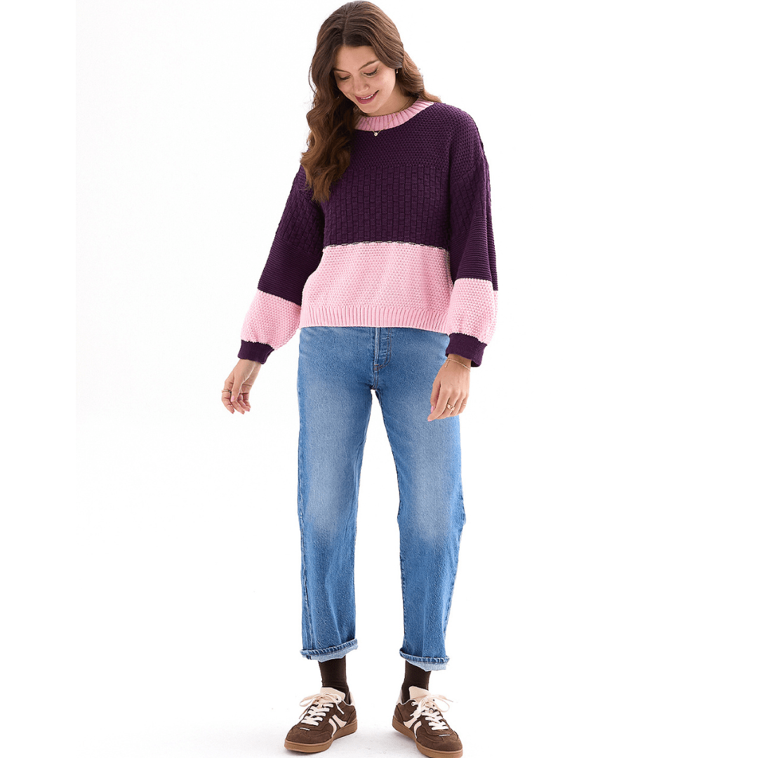 Taz Colour Block Jumper in plum and pink, back view