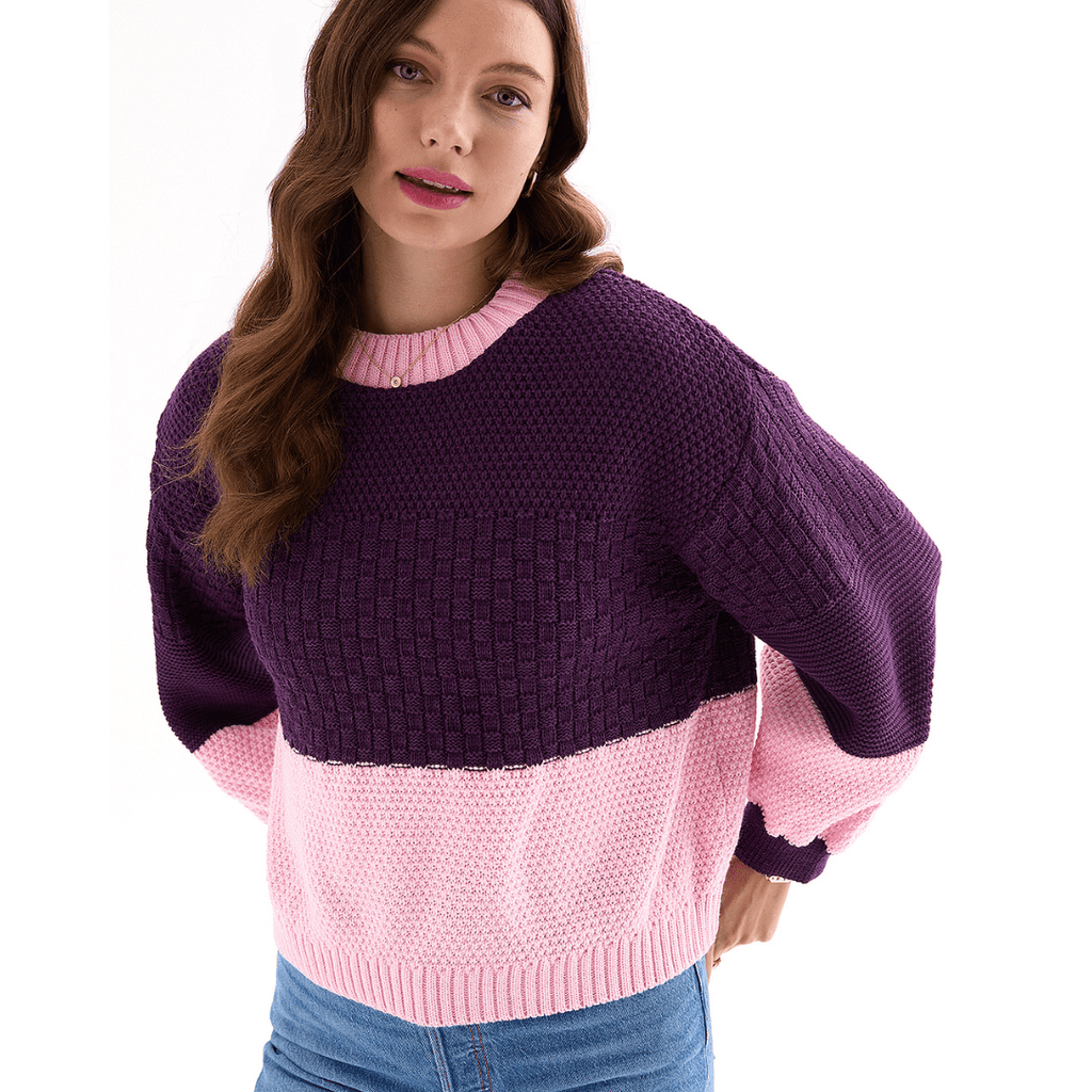 Taz Colour Block Jumper in plum and soft pink with balloon sleeves, worn with jeans