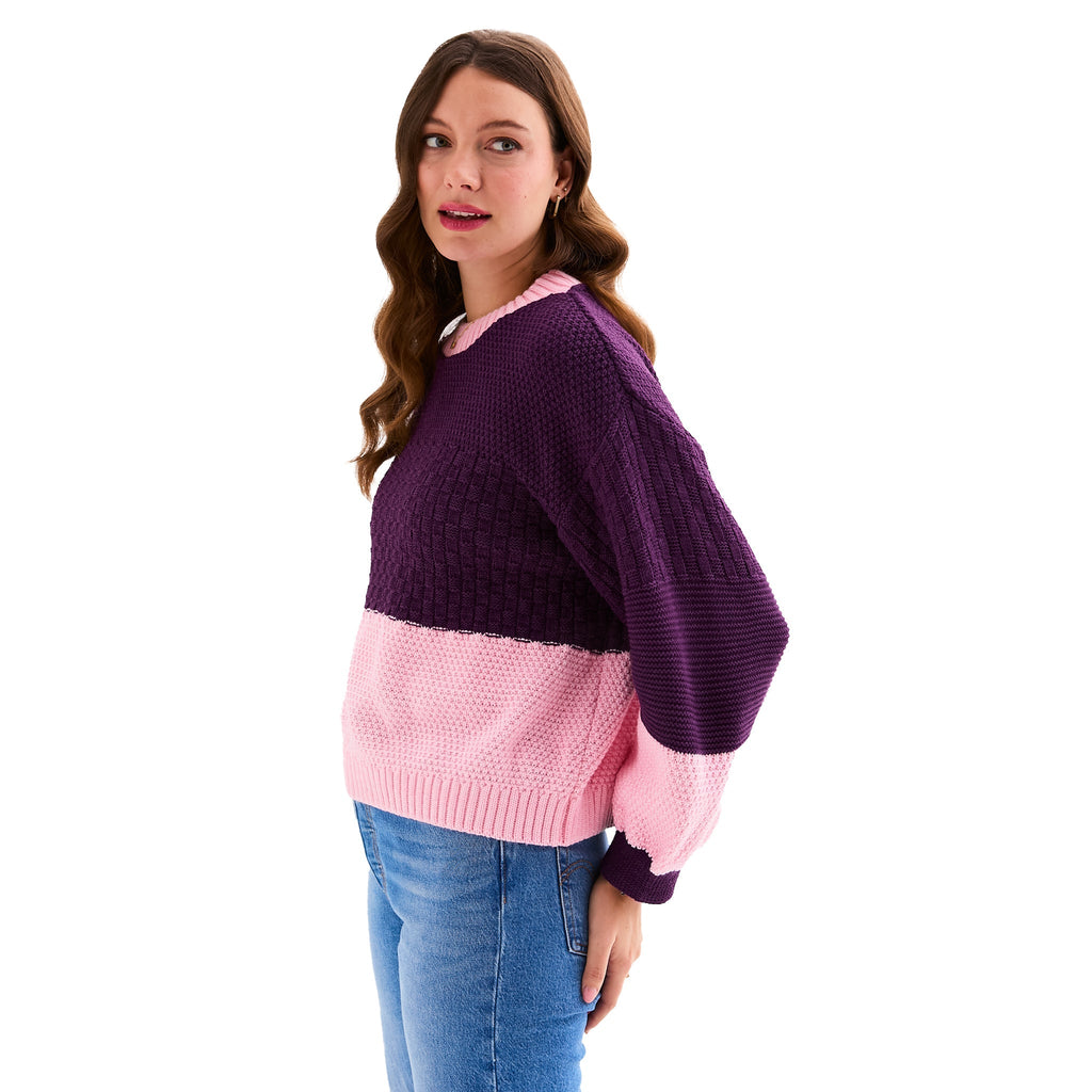 Taz Colour Block Jumper in plum and pink, side view showing the balloon sleeve