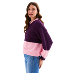 Taz Colour Block Jumper in plum and pink, side view showing the balloon sleeve