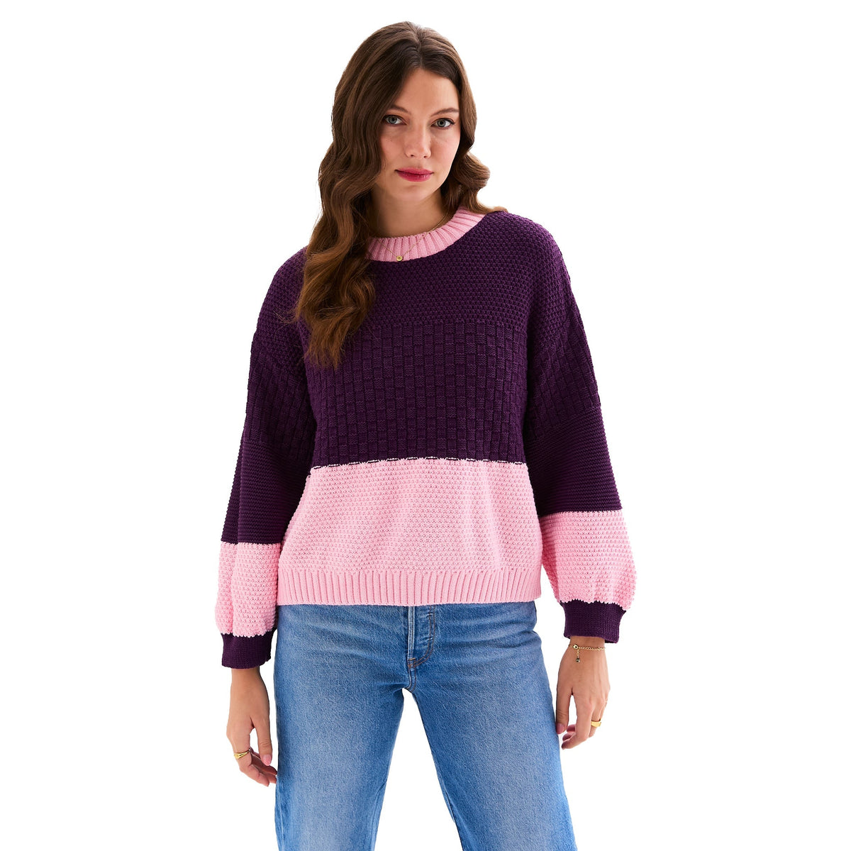 Taz Colour Block Jumper, close-up of the mixed stitch texture