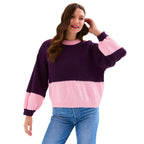 Taz Colour Block Jumper in plum and pink, showing the oversized shape