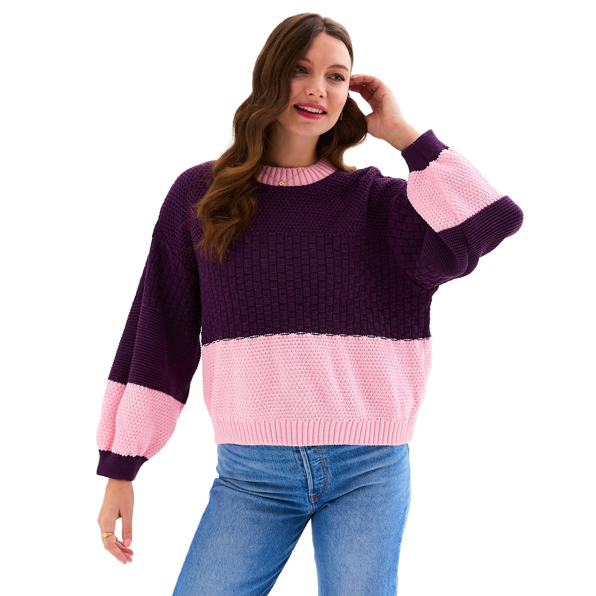 Taz Colour Block Jumper in plum and pink, showing the oversized shape