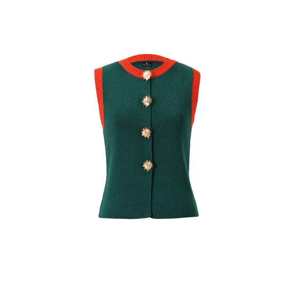 Teri Waistcoat in Deep Emerald, front view showing the gold sunburst buttons and orange ribbed trim