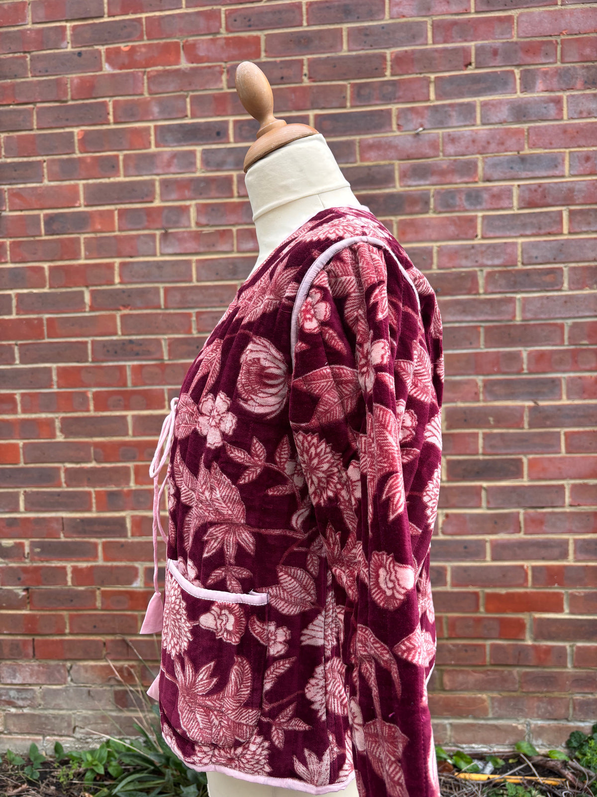 Tie Front Velvet Jacket, Burgundy - side