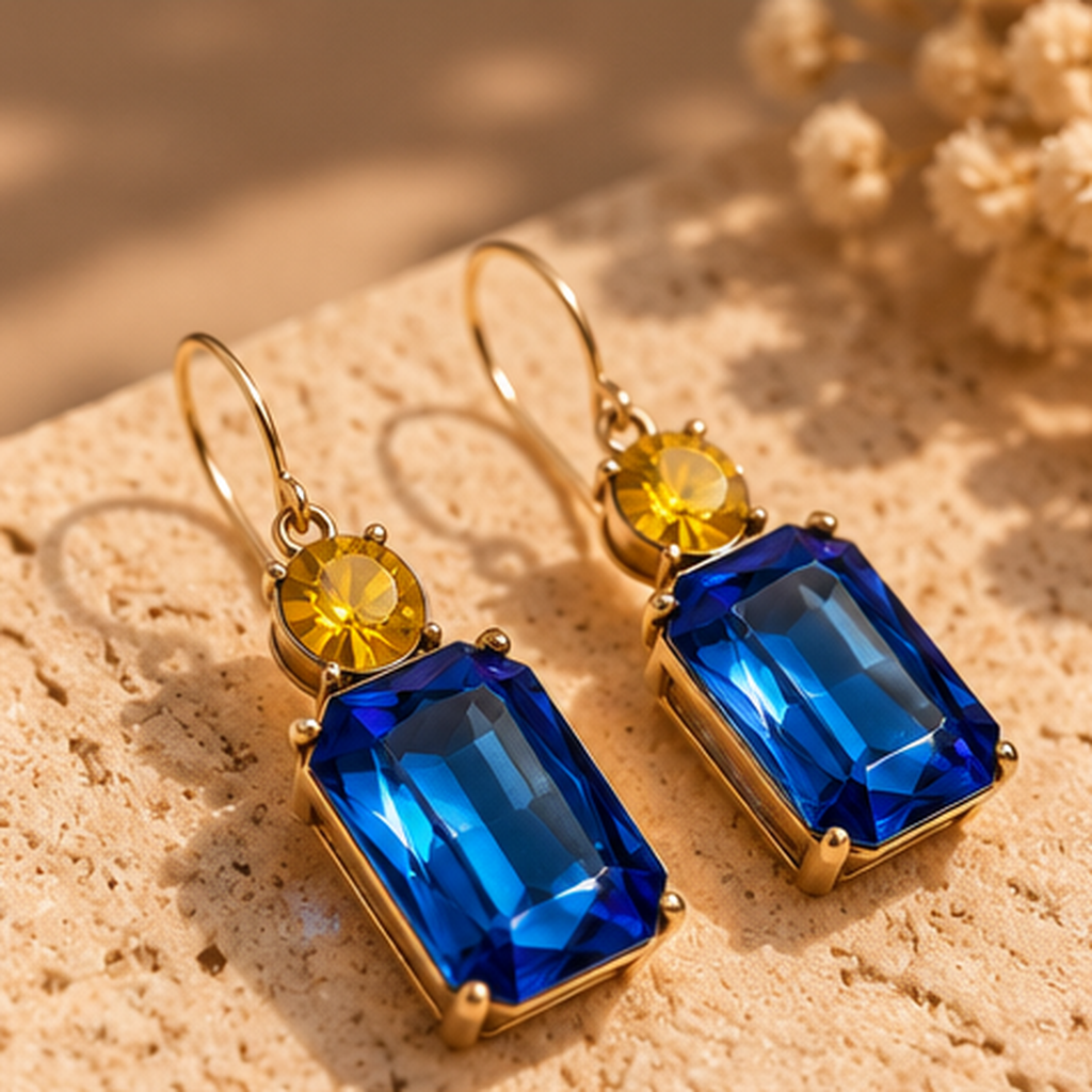 Pair of Azure and Yellow Twin Gem gold fishhook earrings arranged on warm travertine with deep blue rectangular drops