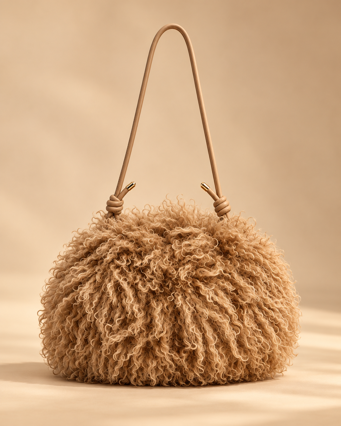 Nico Katy Curly Faux Fur Shoulder Bag in light camel, rounded slouchy long-curled faux fur body with slim tan knotted shoulder strap and gold-tipped ends, warm golden studio photograph