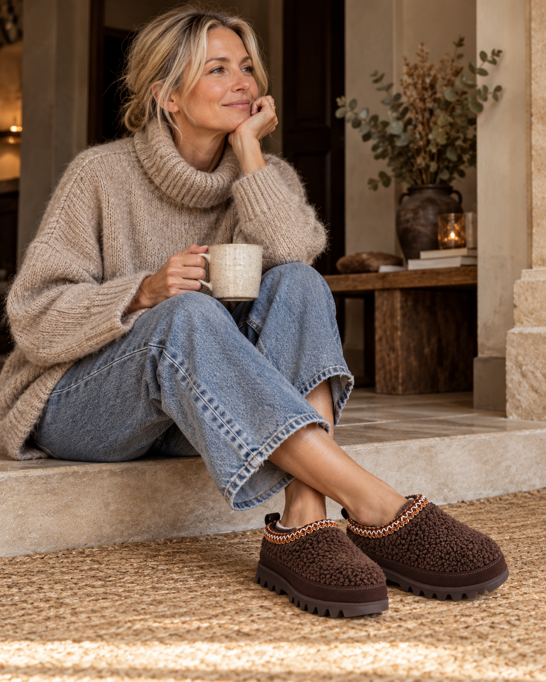Woman seated indoors in a cream knit and relaxed blue denim wearing EMU Australia Chocolate Teddy Sharky Adventure Scuff shoes