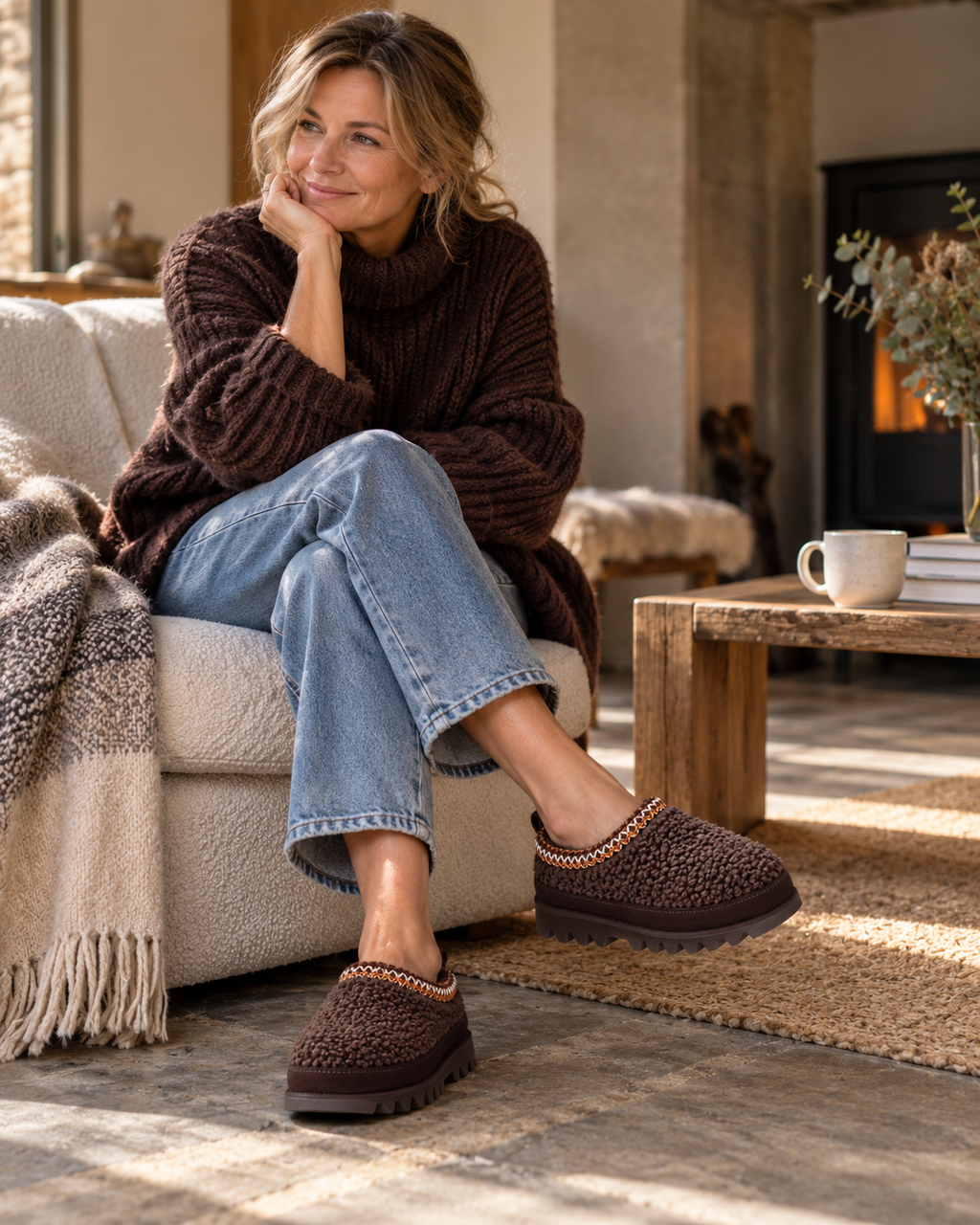Woman sitting by a fireplace in a dark brown knit and blue jeans wearing chocolate teddy EMU Australia Sharky Adventure Scuff shoes